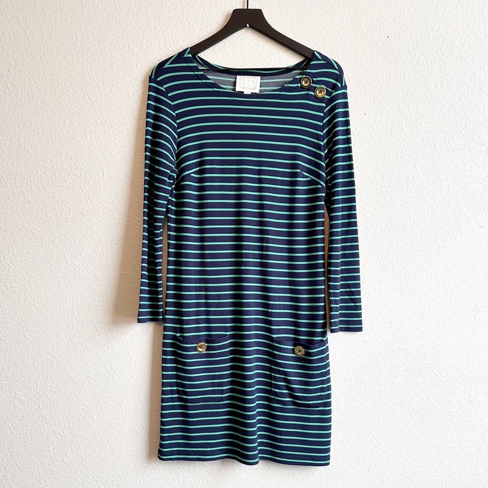 Sail to Sable Blue Green Striped Gold Button Detail Long Sleeve Shift Dress Sml
